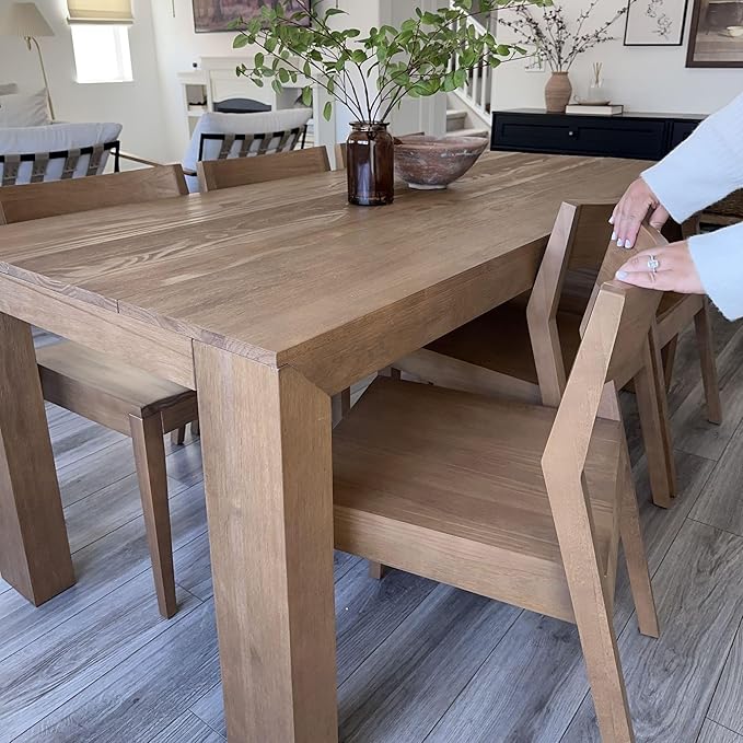 Plank+Beam 72 Inch Modern Solid Wood Dining Table - Solid Pine, Wirebrush Finish, Seats 6, Non-Toxic Finish, Easy Assembly, for Kitchen or Office, Pecan Wirebrush