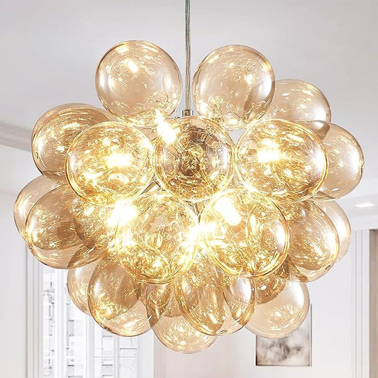 Longree Champagne Bubble Ball Chandelier, Dia 20 inch Blown Glass Cognac Glass Pendant Light Fixture for Bedroom Study Bathroom Foyer Entryway Lamp
