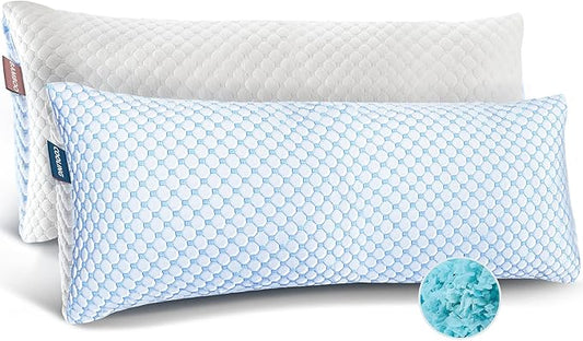 Nestl Cooling Pillow for Sleeping 2 Pack, Luxury Shredded Memory Foam Body Pillow Set of 2, Adjustable Cold Gel Pillows for Hot Sleepers Supportive Long Pillow for Side Back Stomach Sleepers