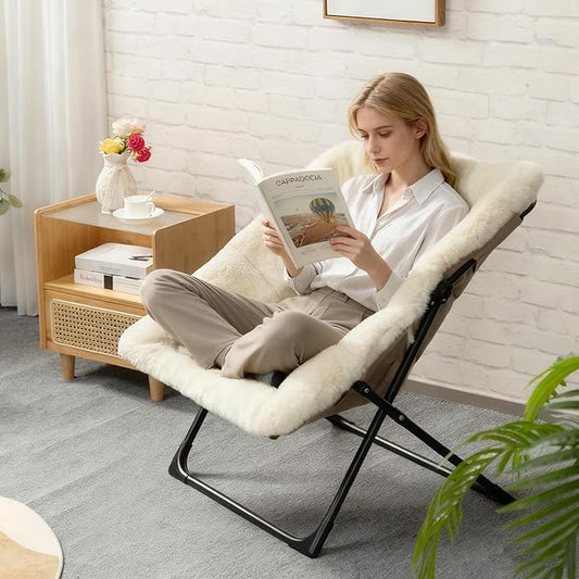 HollyHOME X-Large Saucer Chair, Comfy Oversized Folding Chair, Faux-Fur Reading Chair for Teens, Adults, Foldable Accent Lazy Chair, Metal Frame Lounge Chair for Living Room, Bedroom, Dorm, Beige