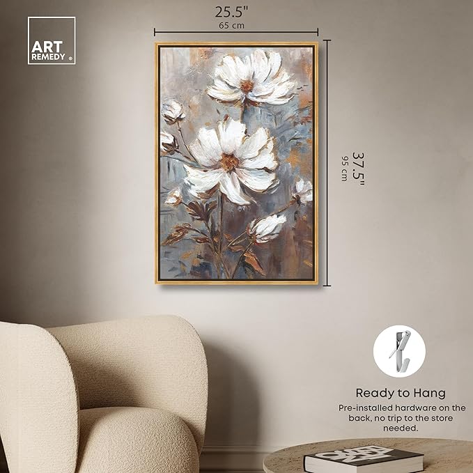 Art Remedy White Textured Flowers Canvas Elegant Floral Wall Art, Gold Frame, 24" x 36"