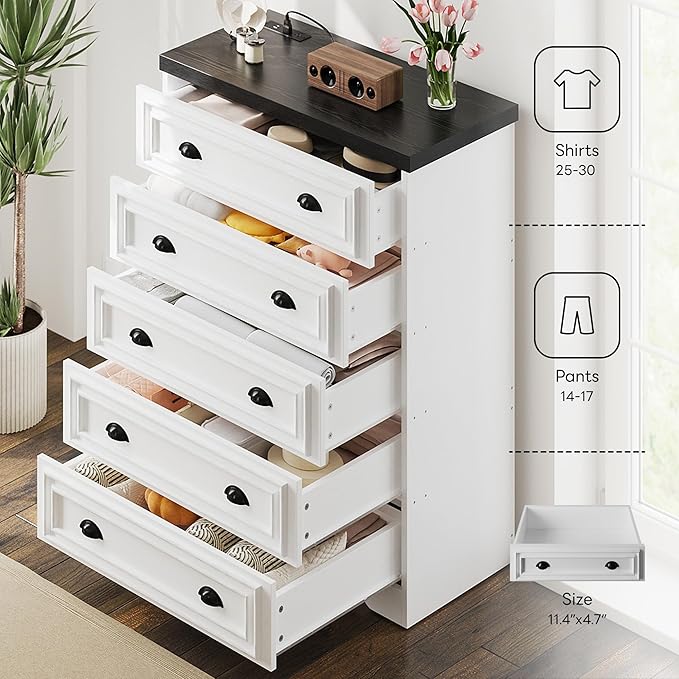 LIKIMIO 5-Drawer 43" Tall Dresser with Built-in Charging Station - Farmhouse Style Bedroom Storage Cabinet, Black &White
