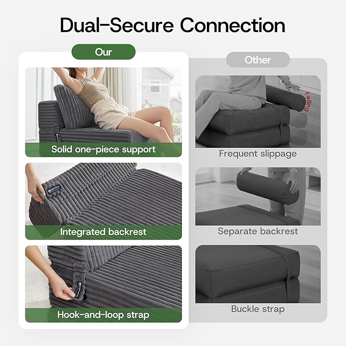 4-in-1 Folding Sofa Bed Convertible Chair Couch Foldable Chaise Lounger & Mattress Pocket Coils+Foam Fill, Portable No Assembly Boneless Sofa Floor Futon for Living Room/Bedroom, Single XL