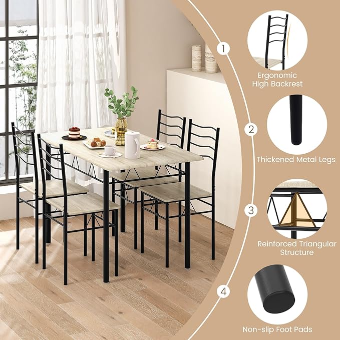 COSTWAY Kitchen Table Chairs Set of 4, 5 Piece Metal Rectangular Dinette Set w/Non-Slip Pad, Space-Saving Design, Modern Dining Room Table Set for Small Place Breakfast Nook Restaurant (Natural)