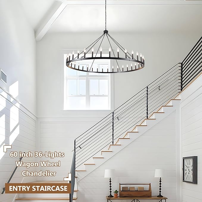 Black Extra Large Wagon Wheel Chandelier, 60 inch 36 Lights Farmhouse Chandelier, Industrial Candle Round Pendant Light Fixture for High Ceiling Living Room Dining Room Outdoor Porch Entryway Hallway