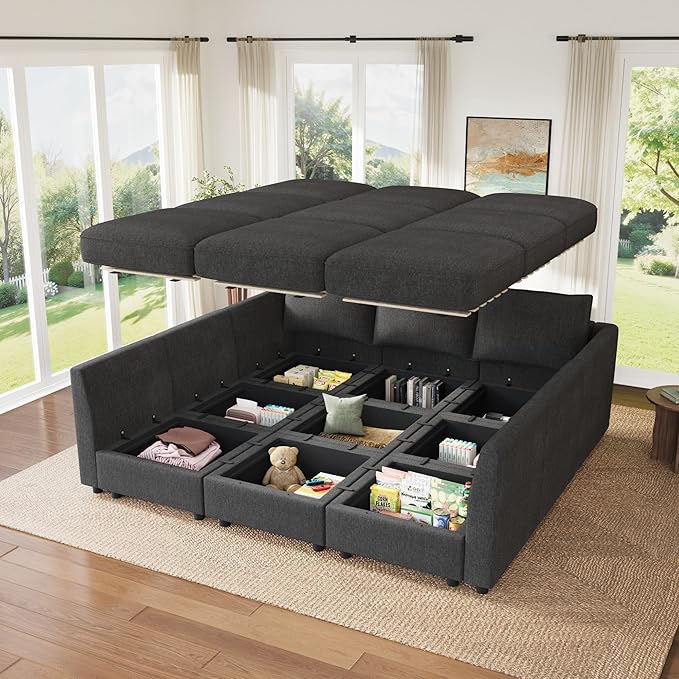 HONBAY Modular Sectional Sleeper Sofa with Storage, Modular Convertible Sectional Couch Bed Module Sleeper Couches for Living Room - Snowflake Velvet Grey
