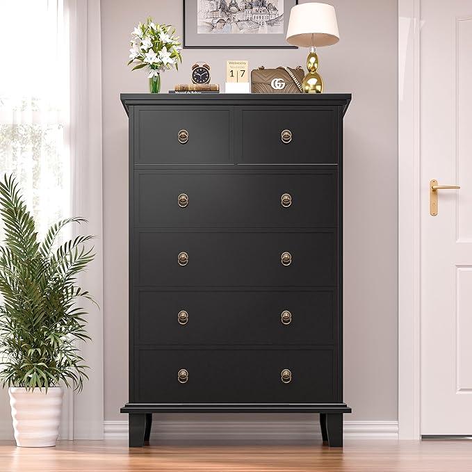 Tall Dresser for Bedroom Black 6 Drawers Dresser Tall Chest of Drawers, Modern Farmhouse Storage Cabinet for Living Room, Hallway, Entryway, Home Office