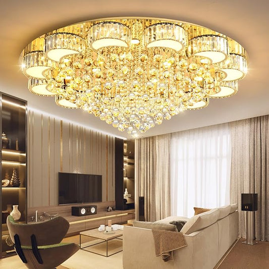 47'' Gold Modern Crystal Chandeliers for Dining Room LED Dimmable Light Fixtures Flush Mount Light Living Room Bedrooms