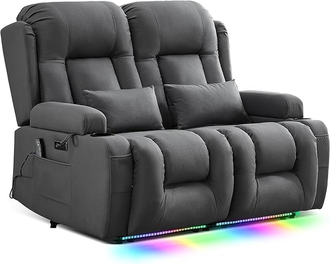TUNYI Wall Hugger Loveseat Recliner Sofa with Massage & Heat, Power Reclining Loveseat RV Couch with USB/Outlet/Storage/LED Light/Speaker (Grey)