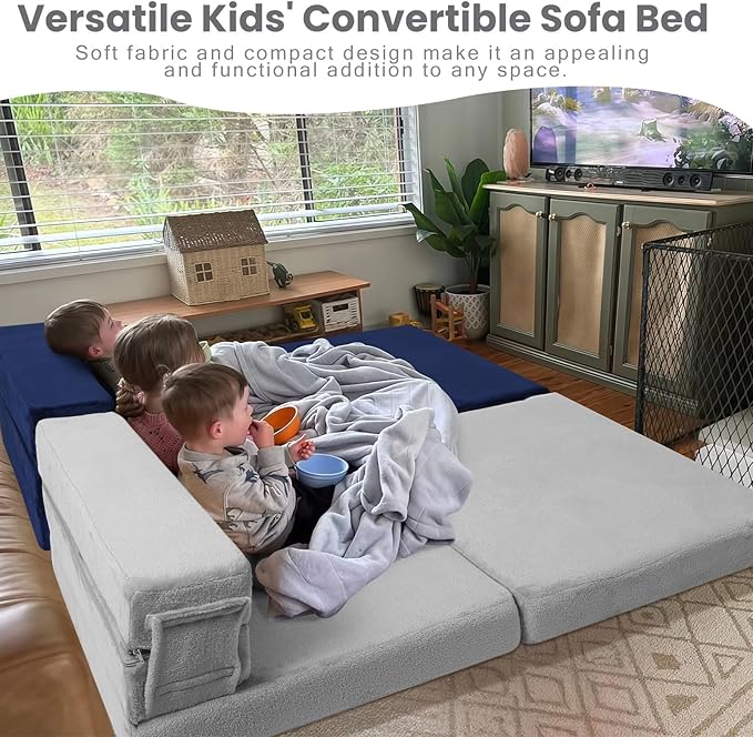 MeMoreCool Foldable Futon Chair Bed for Kids, Grey Tri-fold Convertible Toddler Sofa Mattress, Foam Floor Couch for Sitting