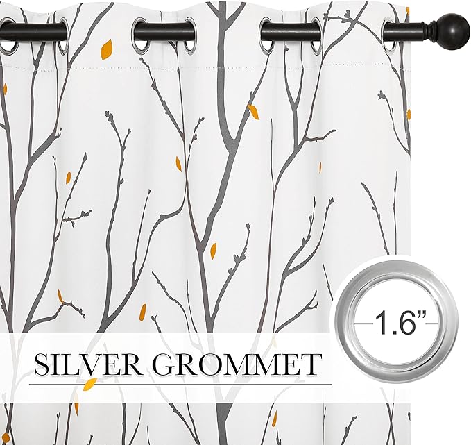 NICETOWN Room Darkening Fall Curtains for Bedroom 84 inch Length, Grommet Branch Thermal Window Drapes with Rain of Petals for Living Room, Grey, W52 x L84, 2 PCs