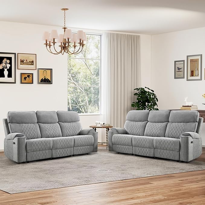 HAOMARKETS Power Oversized Reclining Sofa Couch Set of 2 with Cup Holders, Breathable Fabric 3-Seater Electric Recliner Couches with USB and Type-C Charging Ports for Living Room, Light Grey