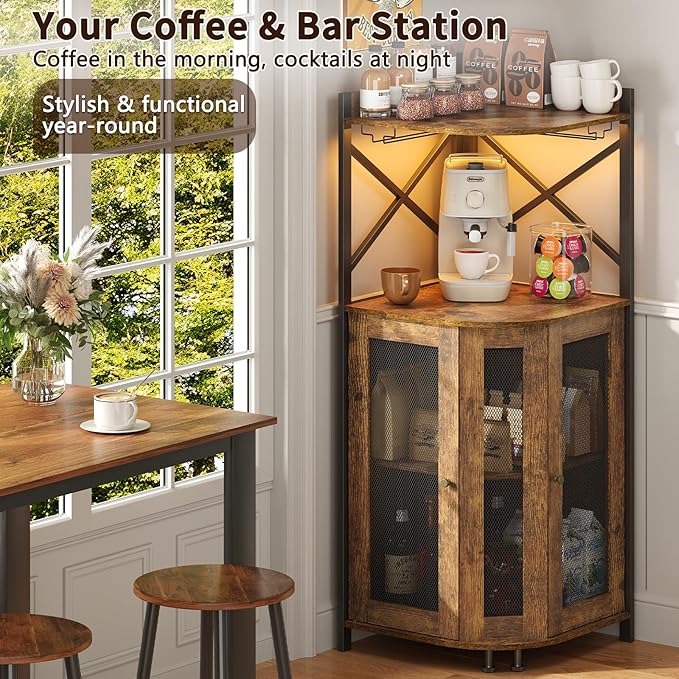 JKsmart Corner Bar Cabinet with LED Lights,Industrial Wine Cabinet with Glass Holder,4-Tier Wine Cabinet with Door and Shelf,Farmhouse Home Bar for Liquor Wine Coffee Storage,Rustic Brown