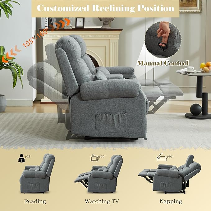 DRMBOOK RV Loveseat Recliner Sofa with Console, Linen Fabric Double Wall Hugger Reclining Couch Manual Home Movie Seating 2 Person Recliner Chair with Cup Holders/Storage/Pocket/Lumbar Pillow, Grey