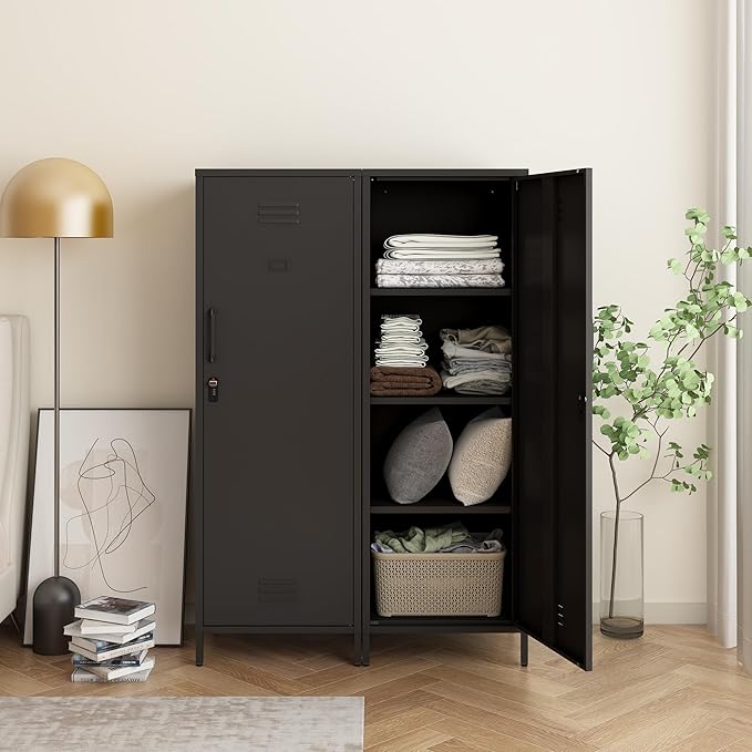 Metal Storage Cabinet, Steel File Locker with 3 Shelves 59.06-inch high for School, Living Room, Bedroom, (Black, H59.06'')