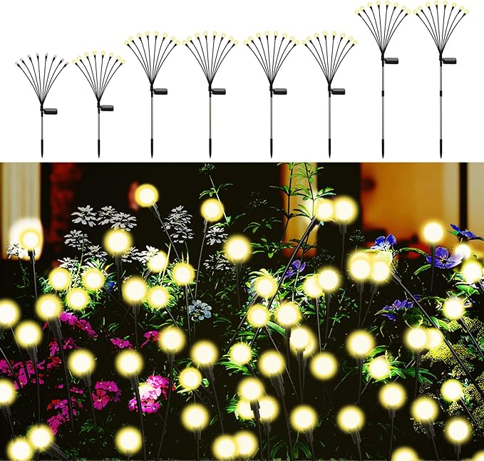 Swaying Solar Firefly Lights Outdoor, 8 Modes 800mAh Firefly Swaying Solar Garden Lights Waterproof for Outside Yard Patio Pathway Christmas Garden Decor Warm White(8 Pack)