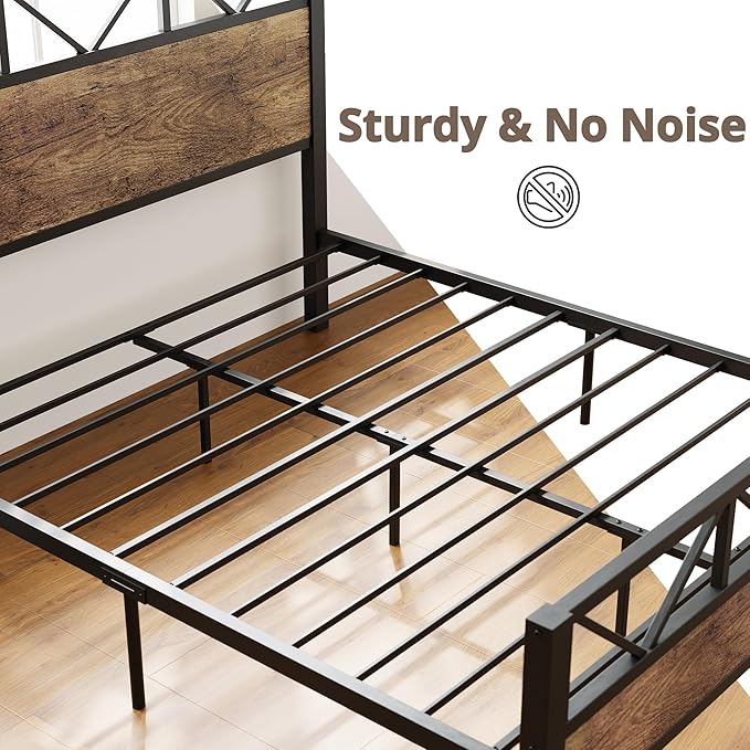 LIKIMIO Queen Bed Frame, Tall Industrial Headboard 51.2 ", Platform Bed Frame with Strong Metal Support, Solid and Stable, Noise Free, No Box Spring Needed, Easy Assembly, Rustic Maple
