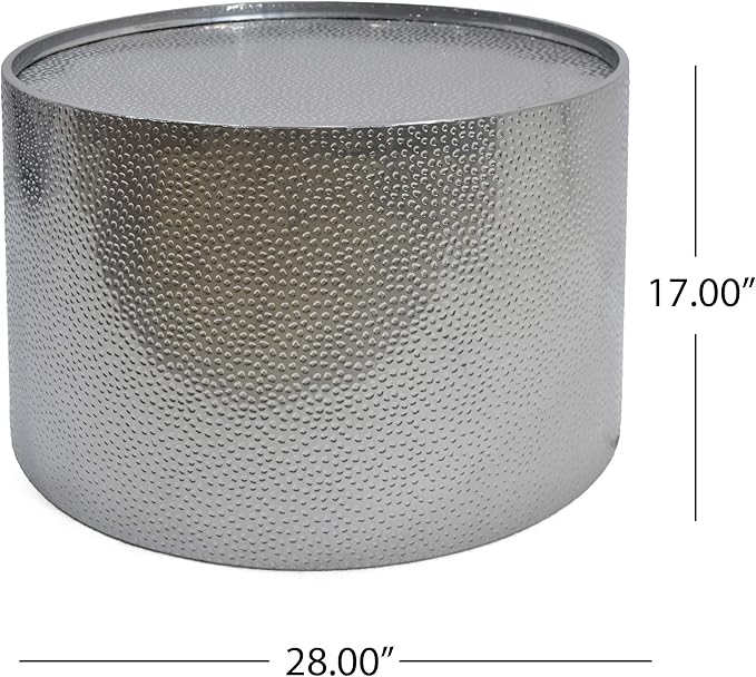 Christopher Knight Home Rache Modern Round Coffee Table with Hammered Iron, Silver, 26. 00” L x 26. 00” W x 17. 25” H