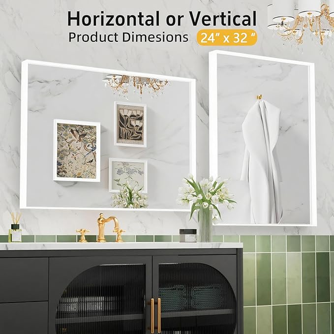24x32 Inch White Bathroom Mirror, Wall Mounted Bathroom Vanity Mirrors, Rectangle Aluminum Black Framed Mirror, Tempered Glass, Anti-Rust, Mirrors for Over Sink