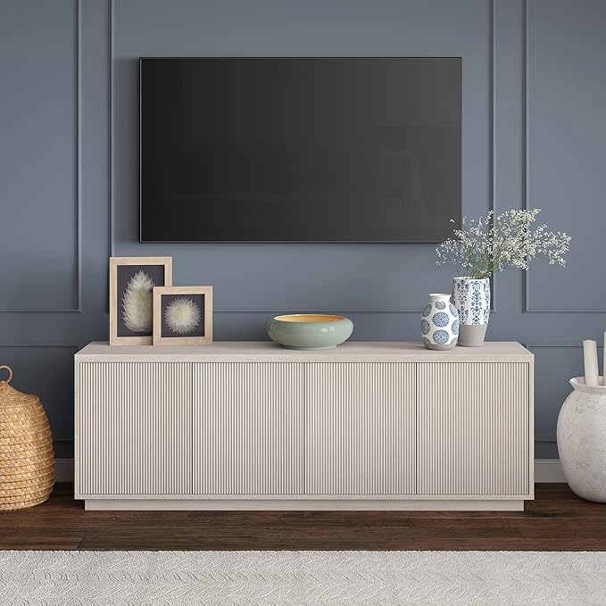 Henn&Hart Fluted TV Stand for TVs up to 75" with 2 Concealed Ribbed Storage Cabinets and Adjustable Shelves for Living Room, Family Room, or Office, Beech White