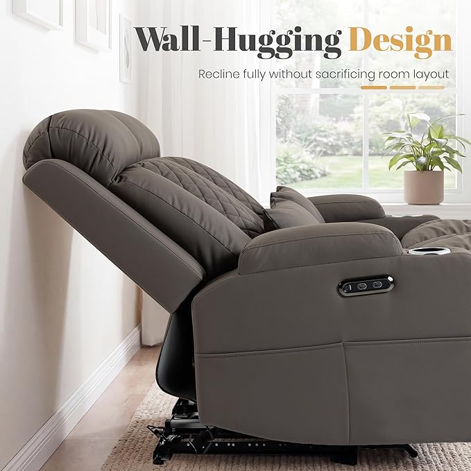 2-Piece Power Reclining Sofa Set, 3-Seater Sofa with Drop-Down Console & 2-Seater Loveseat, Zero Wall Hugger Electric Recliner Couch with Adjustable Headrest, AC Outlets (Brown, 3 Seat)