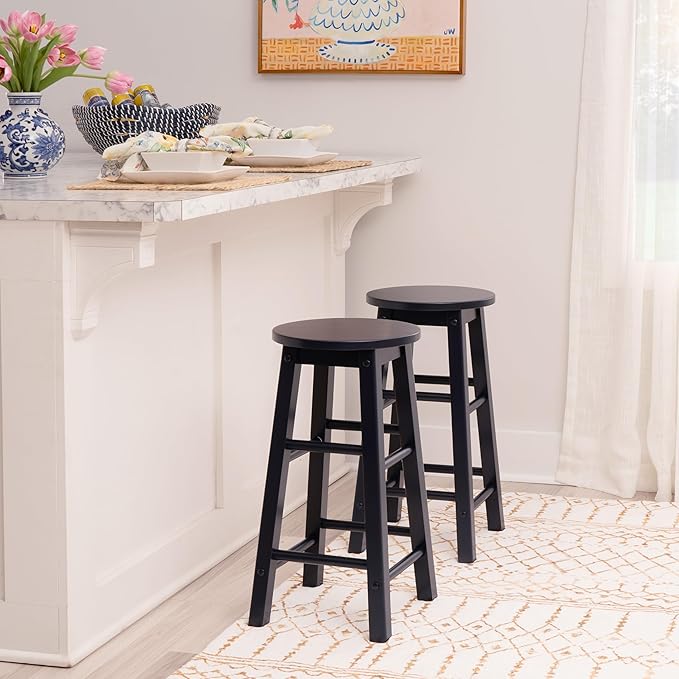 Linon Zeke Navy Blue Solid Wood Backless Round Counter Stool with 24 Inch Seat Height