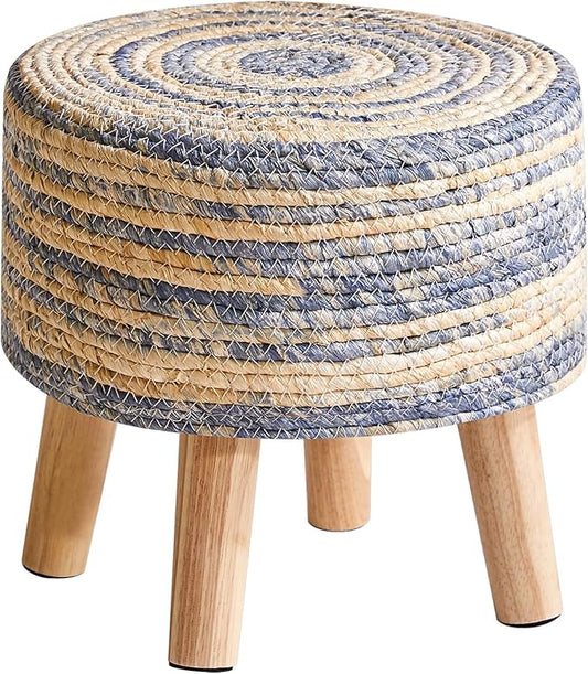 YMYNY Foot Stool Natural Seagrass Hand Weave, 12.6" Small Ottoman, Round Footrest for Living Room, Bedroom, Entryway, Change Shoes Stool, Non-Skid Wood Legs, Boho, Blue+White UHBD027QW