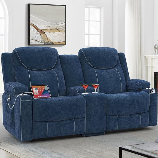 Dresegmt Loveseat Recliner Sofa, Manual Reclining Loveseat Sofa with Storage Console, Cup Holders, USB Ports, Modern Luxury Large Navy Blue Linen Recliner Couch for Living Room/RV