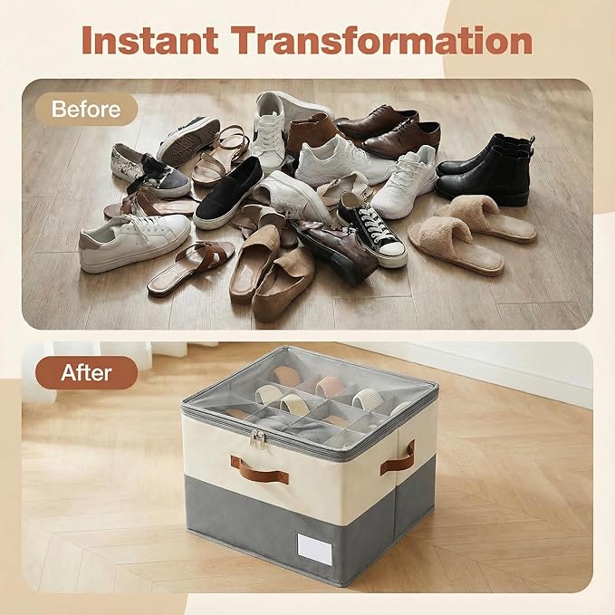 Shoe Organizer for Closet, Foldable Shoe Rack with Clear Cover, Adjustable Dividers for 16 Pairs, Storage Cubby for Wardrobe, Beige & Grey