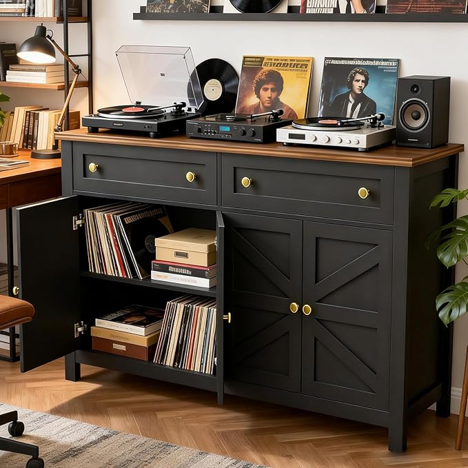 Modern Farmhouse Sideboard Buffet Cabinet 55", Coffee Bar with Adjustable Shelves, Storage Pantry Cabinet for Kitchen, Living Room, Entryway