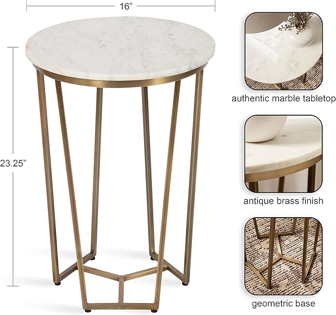 Kate and Laurel Solvay Round Metal and Marble Side Table; 16 x 16 x 24; White Marble and Antique Brass; Modern Glam Bedroom Nightstand Table with Premium Natural Marble Stone and Iron Base