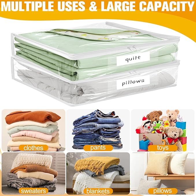 Kikerike Plastic Storage Bags with Easy-Glide Zipper, Pack of 8, Durable Clear Vinyl Zippered Storage Bags for Clothes Sweaters Comforters Blankets Sheets Bedding (12 x 12 x 3.9 Inch)