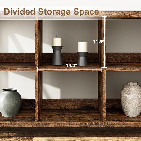 GarveeHome 8 Cube Storage Organizer Bookshelf, 3 Tier Metal Horizontal Bookcase, 62 in Console Bookshelf, Industrial Storage Bookcase for Entryway, Long Low Bookshelves for Living Room-Retro Brown
