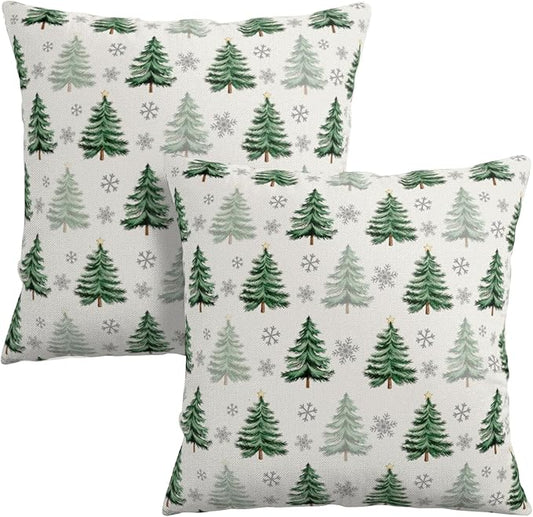 Christmas Tree Pillow Covers 18x18 Set of 2 Green Xmas Outdoor Decorative Throw Pillow Cases Neutral Rustic Nature Forest Winter Snowflake Pillowcases for Farmhouse Living Room Decor