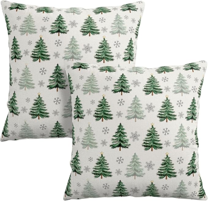 Christmas Tree Pillow Covers 20x20 Set of 2 Green Xmas Outdoor Decorative Throw Pillow Cases Neutral Rustic Nature Forest Winter Snowflake Pillowcases for Farmhouse Living Room Decor