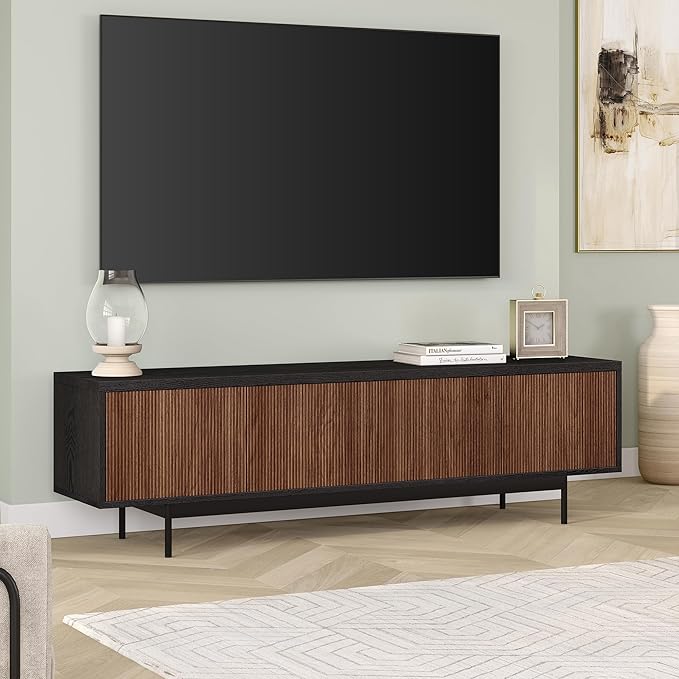 Henn&Hart Fluted TV Stand for TVs up to 75" with 2 Open-Concept Ribbed Storage Cabinets for Living Room, Family Room, or Office, Natural/Medium Walnut