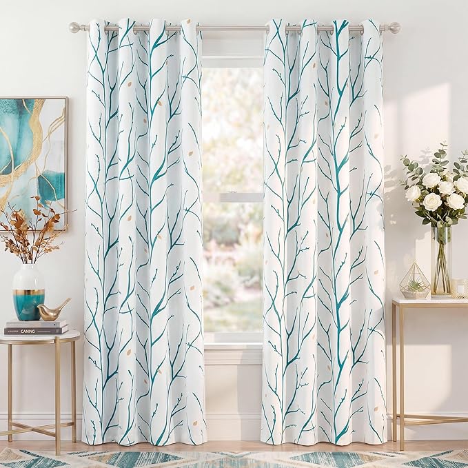 NICETOW Twisted Branch Room Darkening White Curtains, Thermal Insulated Grommet Decorative Curtain Drapes with Flower Petals Light Blocking for Living Room/Bedroom, Teal, W52 x L84, 2 Panels