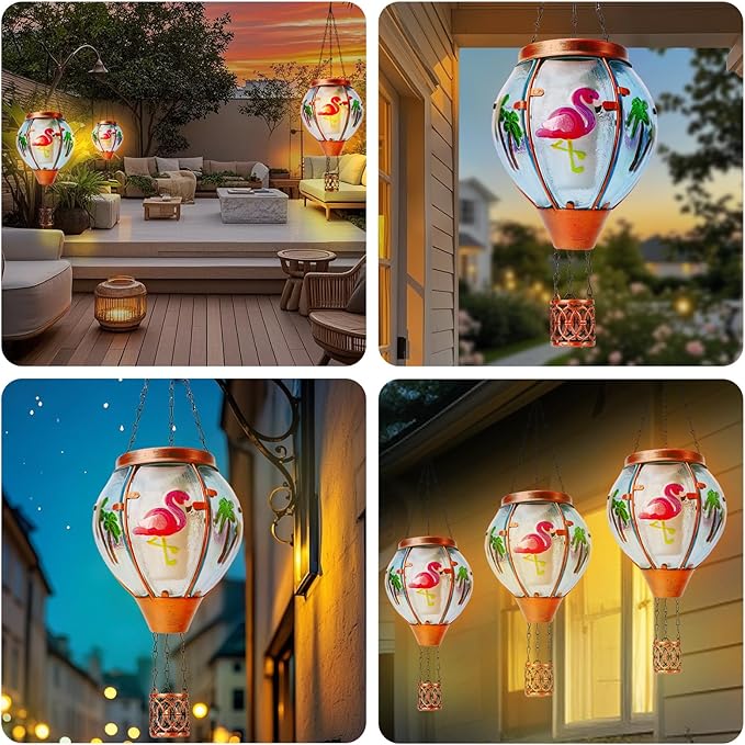 Flamingo Solar Hot Air Balloon Lantern, Outdoor Decor with Flame Lights Waterproof, Hanging Lights for Garden Yard Lawn Patio, Unique Gifts for Women Mom Grandma Gardener for Mother'Day