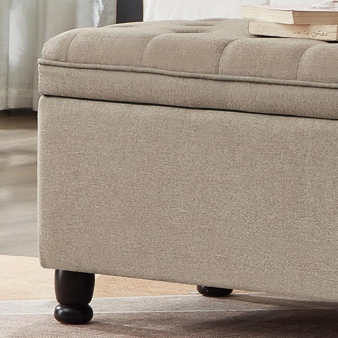 Upholstered Ottoman with Storage,Entryway Bench with Tufted Buttons and Spindle Wooden Legs for Living Room,Bedroom,Linen
