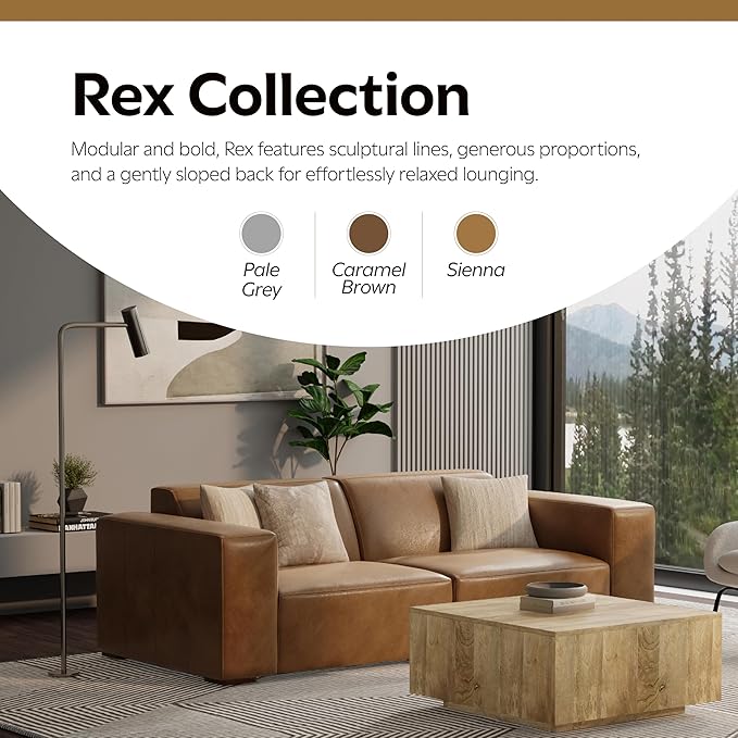 SIMPLIHOME Rex 2-Seater Modular Sofa in Full-Grain Genuine Leather, Caramel Brown, 88-inches Wide, Handcrafted Leather Loveseat Sofa for Living Room