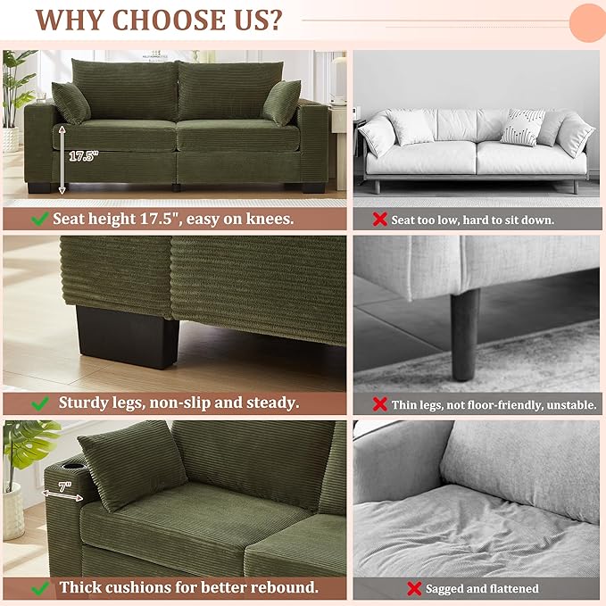 Eafurn 78" Corduroy Loveseat Sofa, Modern 2 Seater Couch with Dual Cup Holders & USB Charging Ports, Comfy Upholstered Small Sofa with Side Storage Pockets for Apartment, Living Room