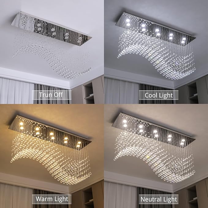 Siljoy Modern Crystal Chandelier, 12-Light Luxury Large Rectangle Wave Raindrop Chandelier, Rectangular Flush Mount Crystal Ceiling Light for Dining Room Kitchen Island L47'' x W11.8'' x H40''