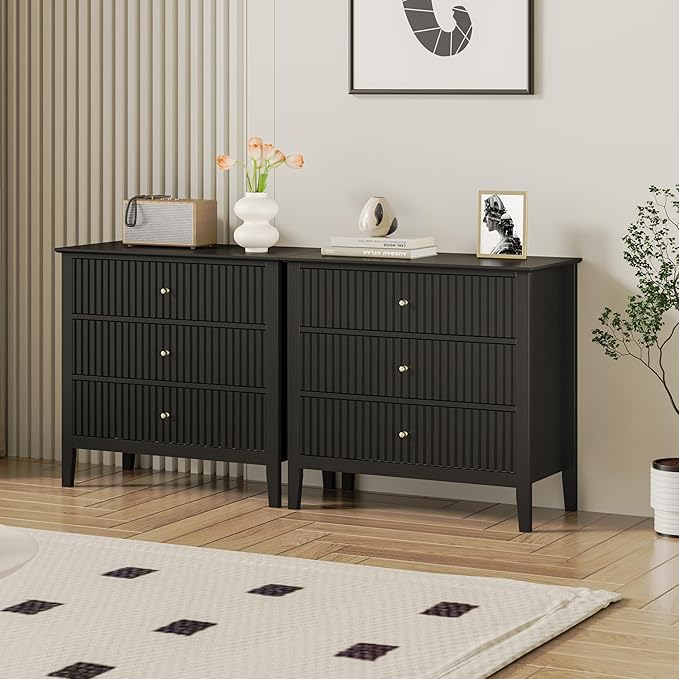 Large Black Fluted 3-Section, Modern 30 Inch Tall Wood Side Unit with Ball Bearing Slides, Wide Accent Furniture with Spacious Compartments for Living Room Entryway