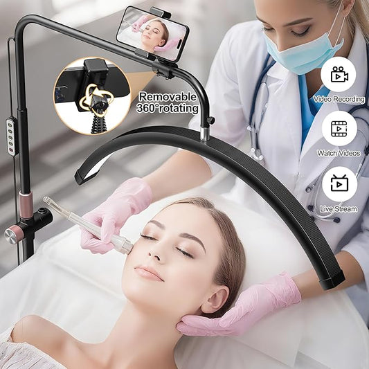 AURELLE Half Moon Lash Light - Adjustable LED Floor Lash Lamp with 4X Magnifier & Phone Holder for Eyelash Extensions,Nail Art,Tattoo,Skincare,Salon SPA-Dimmable Brightness,Rotating Head, Black