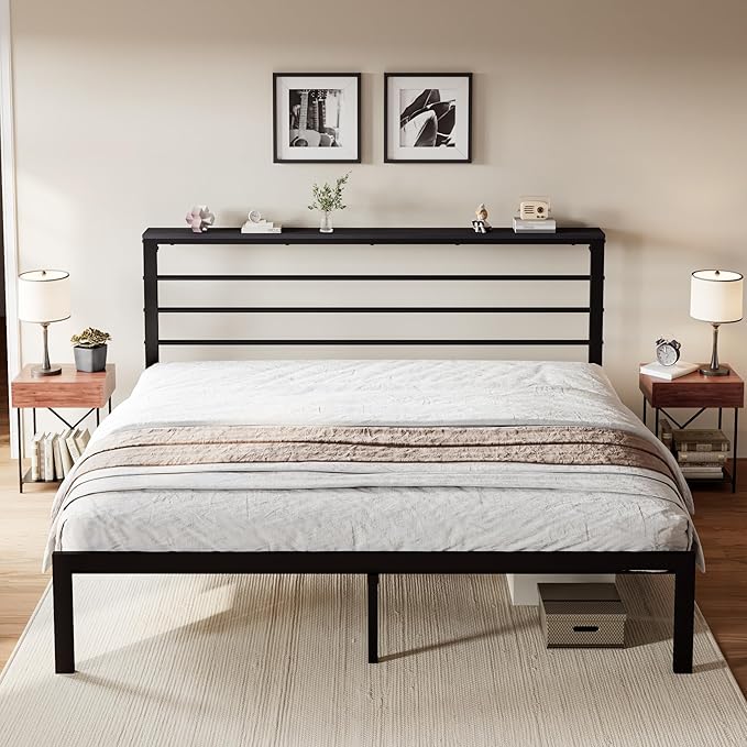 SHA CERLIN King Size Bed Frame with Headboard Shelf and Strong Metal Foundation, No Box Spring Needed, Black