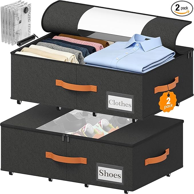 TOSKING 2-Pack Under Bed Storage Bins with Wheels and 4 Vacuum Seal Bags, Heavy Duty 80lbs Capacity, 7.9 Inch Clear Lid Organizer for Dorm Bedroom Clothes Shoes Toys, Quick Assembly Space Saver Black