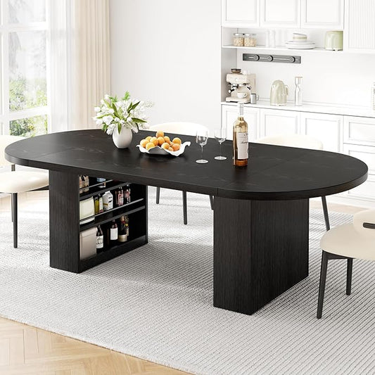 70.8" Oval Dining Table for 6 8, Modern Dining Room Table with Storage, Wood Kitchen Table with Heavy Duty Legs, Dinner Tables for Kitchen Dining Room (Black)