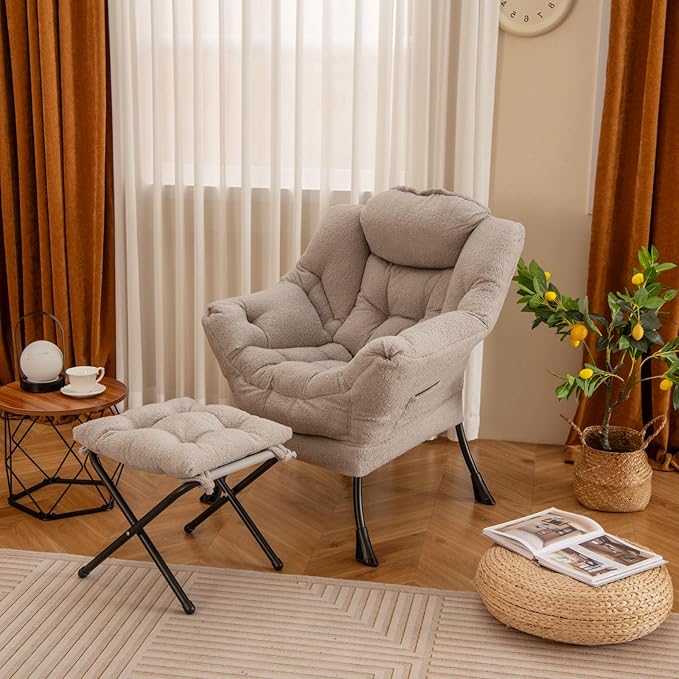 GORELAX Lazy Chair with Ottoman, Modern Accent Chair w/Armrests & Side Pocket, Upholstered Lounge Sofa Chair & Folding Footstool Set, Reading Chair for Bedroom, Living Room, Dorm Room (Plush Grey)