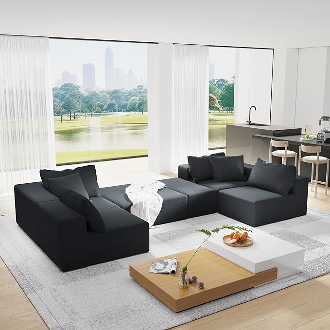 Oversized Boneless Modular Sectional Sofa Cloud Couch for Living Room - Convertible 6 Seater Chenille Couches Set with Ottoman, No Assembly Floor Compression Sofa with Memory Foam | Deep Seat, Wider Armrest, Free Combination