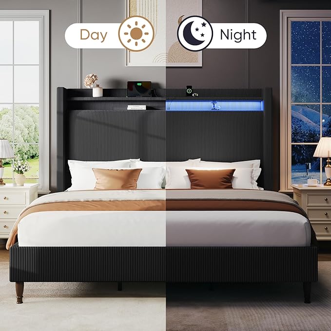 King Size Bed Frame with Tall Headboard, 55.3" Corduroy Upholstered Platform Bedframe with LED Lights & Charging Station, King Beds Wingback Storage Headboard, No Box Spring Needed, Wood Slats, Black